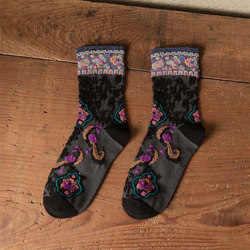 Calzini da donna in cotone micro con motivo floreale in rilievo retrò Buddha Stones - Nero - Taglia unica (US4, EU34-39, UK/AU2,5-6, Asia22-24,5 cm) - image 4