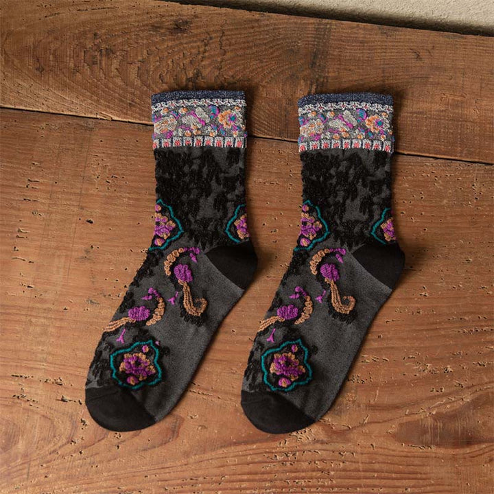 Calzini da donna in cotone micro con motivo floreale in rilievo retrò Buddha Stones - Nero - Taglia unica (US4, EU34-39, UK/AU2,5-6, Asia22-24,5 cm) - image 4