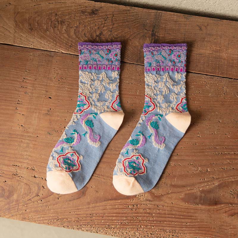Calzini da donna in cotone micro con motivo floreale in rilievo retrò Buddha Stones - BluAcciaioChiaro - Taglia unica (US4, EU34-39, UK/AU2,5-6, Asia22-24,5 cm) - image 17