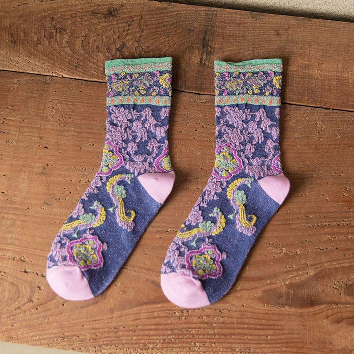 Calzini da donna in cotone micro con motivo floreale in rilievo retrò Buddha Stones - Ardesia Blu - Taglia unica (US4, EU34-39, UK/AU2,5-6, Asia22-24,5 cm) - image 10