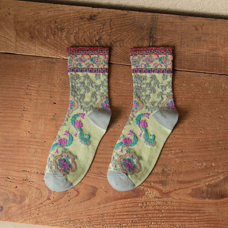 Calzini da donna in cotone micro con motivo floreale in rilievo retrò Buddha Stones - Verde chiaro - Taglia unica (US4, EU34-39, UK/AU2,5-6, Asia22-24,5 cm) - image 1