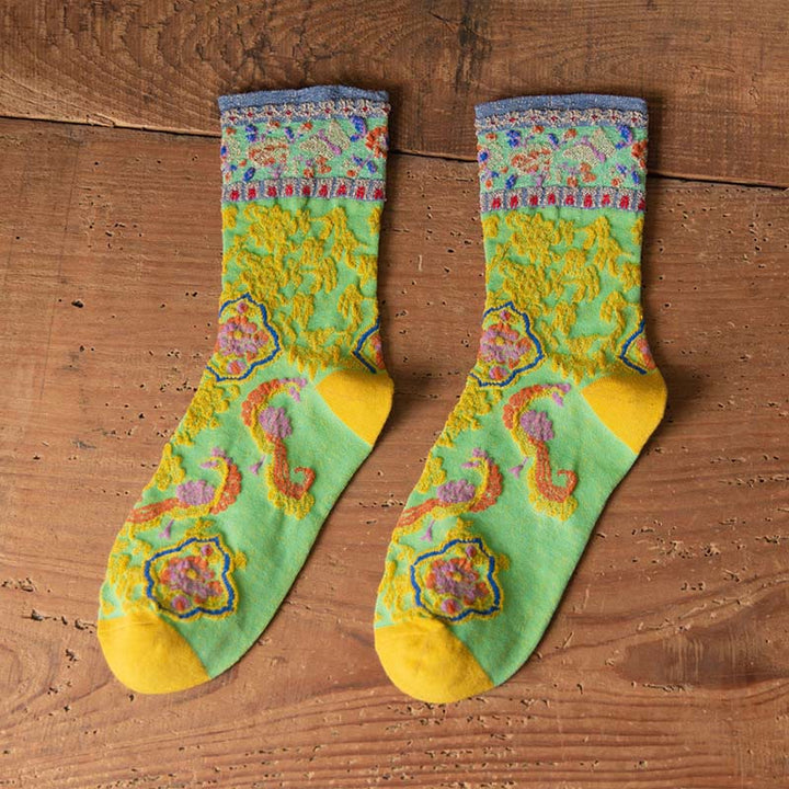 Calzini da donna in cotone micro con motivo floreale in rilievo retrò Buddha Stones - Primavera Verde - Taglia unica (US4, EU34-39, UK/AU2,5-6, Asia22-24,5 cm) - image 16