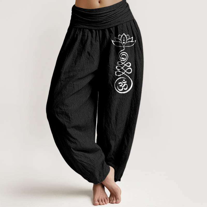 Pantaloni harem in cotone con elastico in vita e motivo Buddha Stones, motivo Lotus Om, da donna - Nero - US22, UK/AU26, EU54 (6XL) - image 5