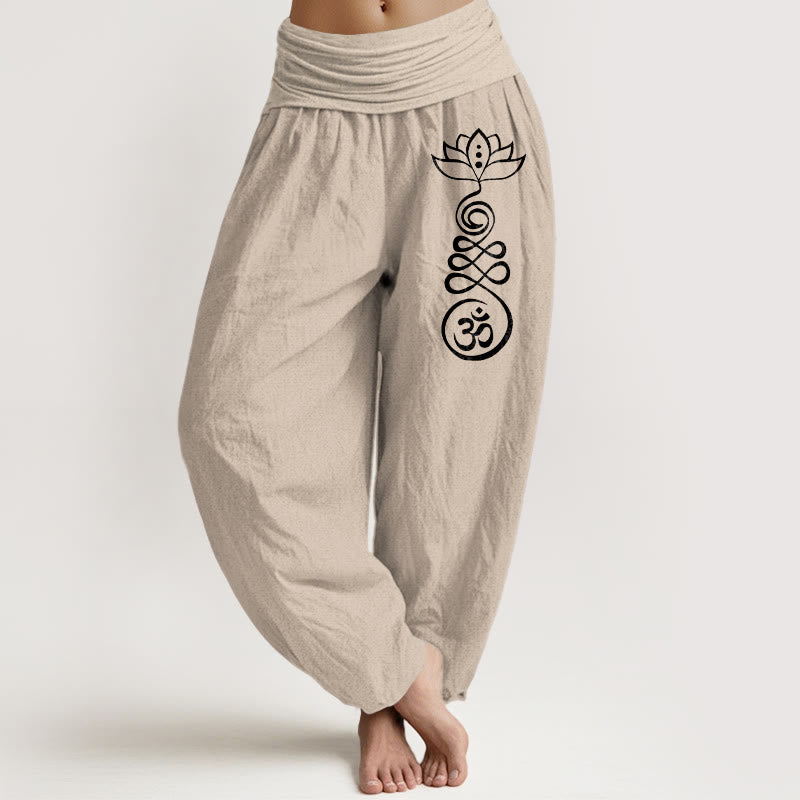 Pantaloni harem in cotone con elastico in vita e motivo Buddha Stones, motivo Lotus Om, da donna - Abbronzatura - US22, UK/AU26, EU54 (6XL) - image 14