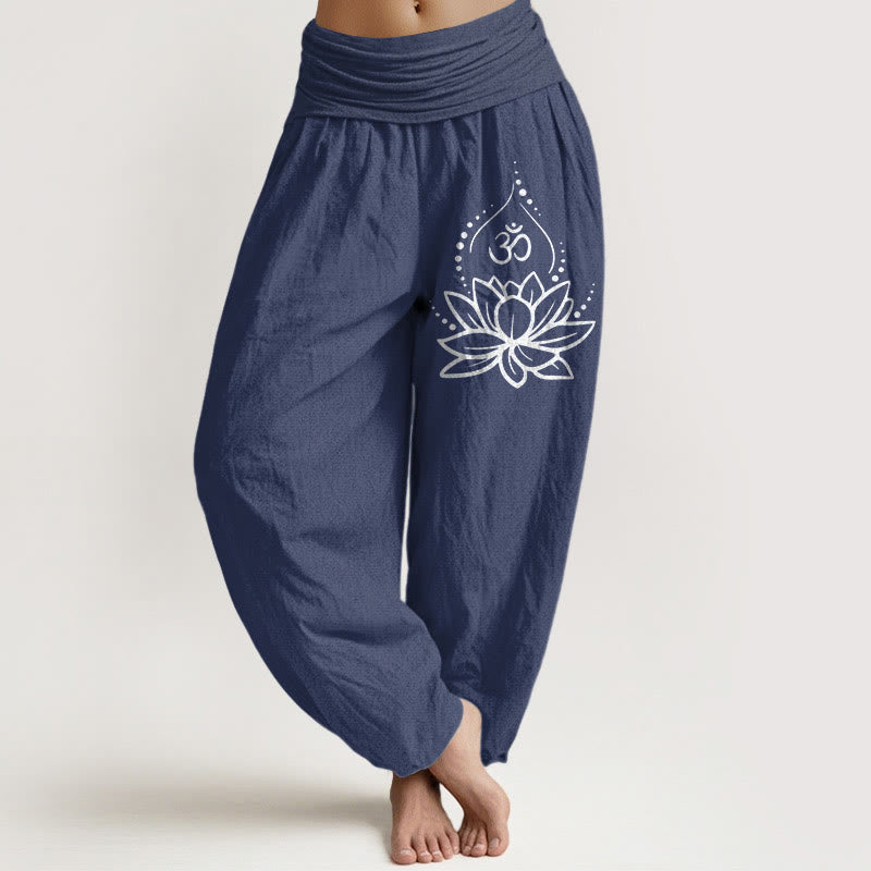 Pantaloni harem in cotone con elastico in vita e motivo con Buddha Stones, loto in fiore e simbolo Om - DarkSlateBlue - US22, UK/AU26, EU54 (6XL) - image 0