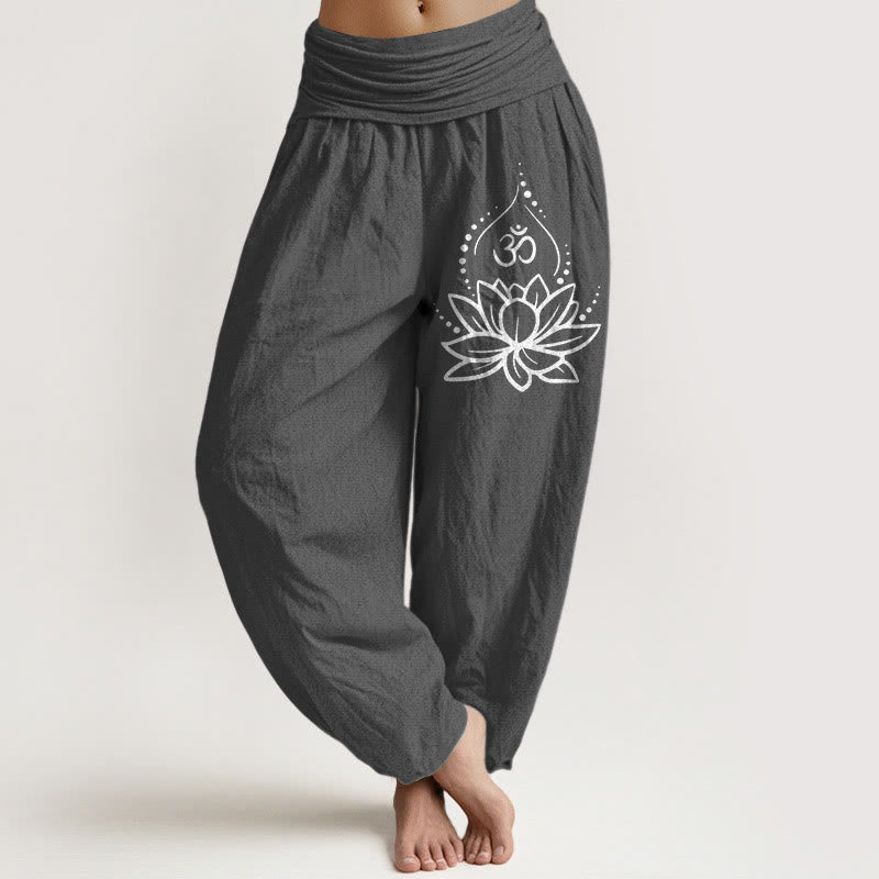 Pantaloni harem in cotone con elastico in vita e motivo con Buddha Stones, loto in fiore e simbolo Om - Grigio scuro - US22, UK/AU26, EU54 (6XL) - image 8