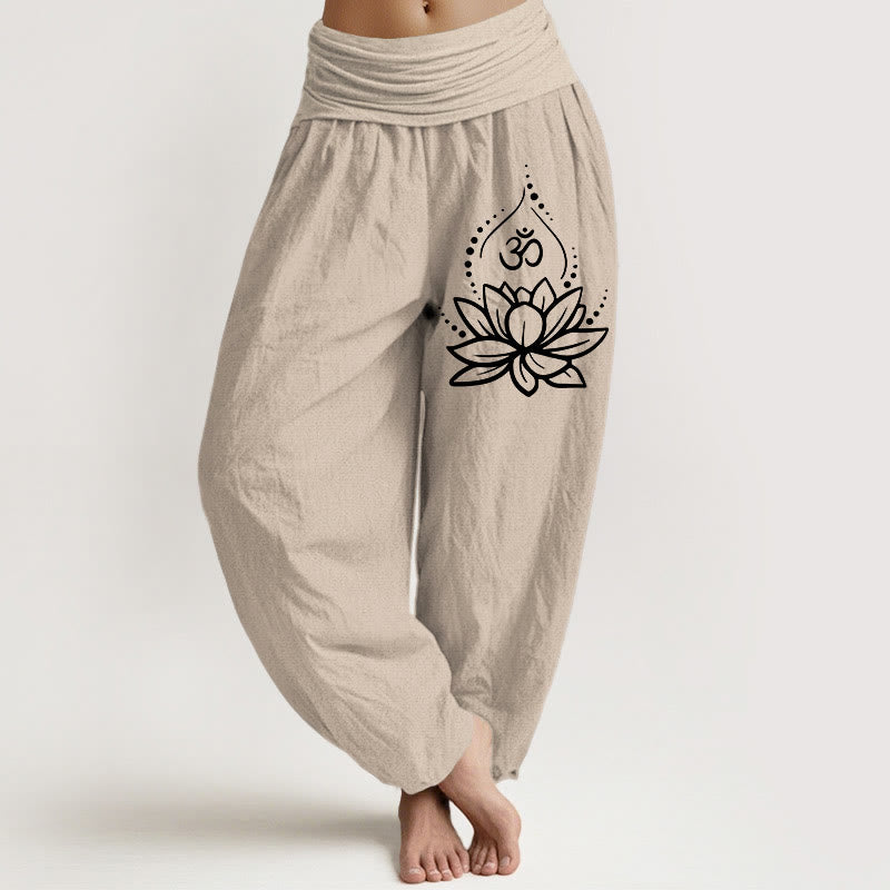 Pantaloni harem in cotone con elastico in vita e motivo con Buddha Stones, loto in fiore e simbolo Om - Tan - US22, UK/AU26, EU54 (6XL) - image 11