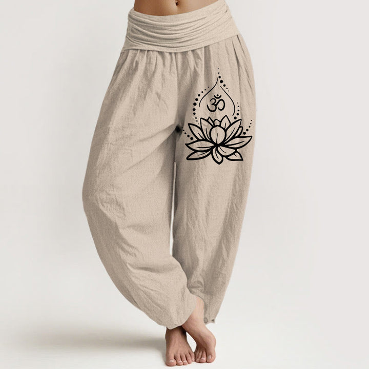 Pantaloni harem in cotone con elastico in vita e motivo con Buddha Stones, loto in fiore e simbolo Om - Tan - US22, UK/AU26, EU54 (6XL) - image 11