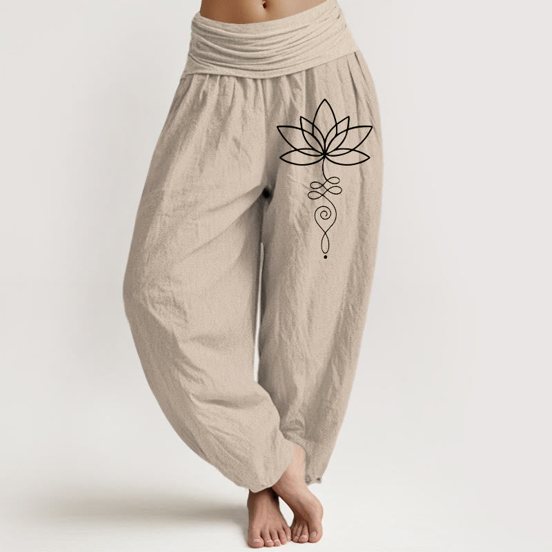 Pantaloni harem da donna in puro cotone con elastico in vita e motivo con Buddha Stones e simbolo di loto e unalome - Abbronzatura - US22, UK/AU26, EU54 (6XL) - image 0