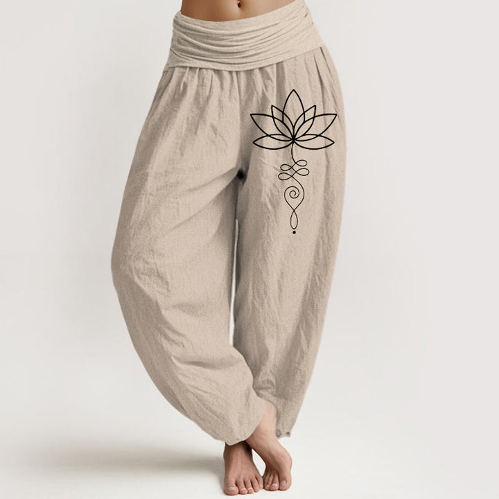 Pantaloni harem da donna in puro cotone con elastico in vita e motivo con Buddha Stones e simbolo di loto e unalome - Abbronzatura - US22, UK/AU26, EU54 (6XL) - image 0