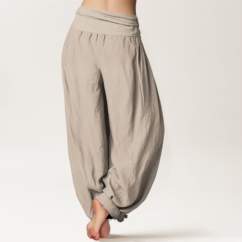 Pantaloni harem da donna in puro cotone con elastico in vita e motivo con Buddha Stones e simbolo di loto e unalome - image 1