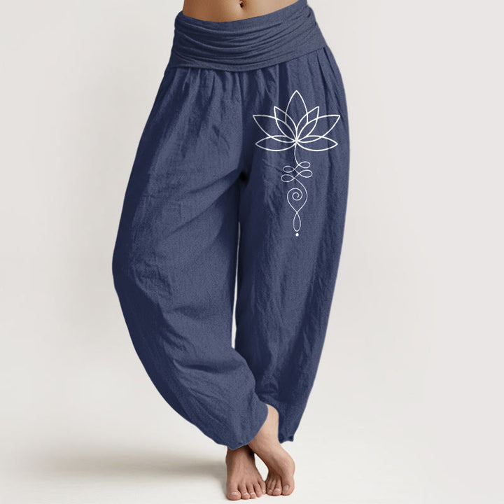 Pantaloni harem da donna in puro cotone con elastico in vita e motivo con Buddha Stones e simbolo di loto e unalome - DarkSlateBlue - US22, UK/AU26, EU54 (6XL) - image 8