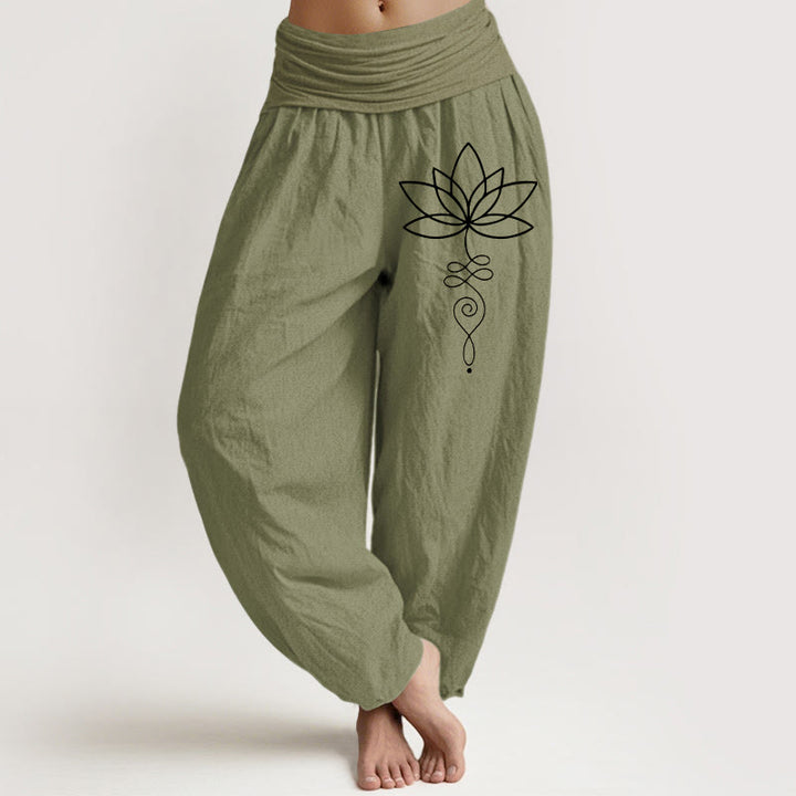 Pantaloni harem da donna in puro cotone con elastico in vita e motivo con Buddha Stones e simbolo di loto e unalome - Verde oliva - US22, UK/AU26, EU54 (6XL) - image 14