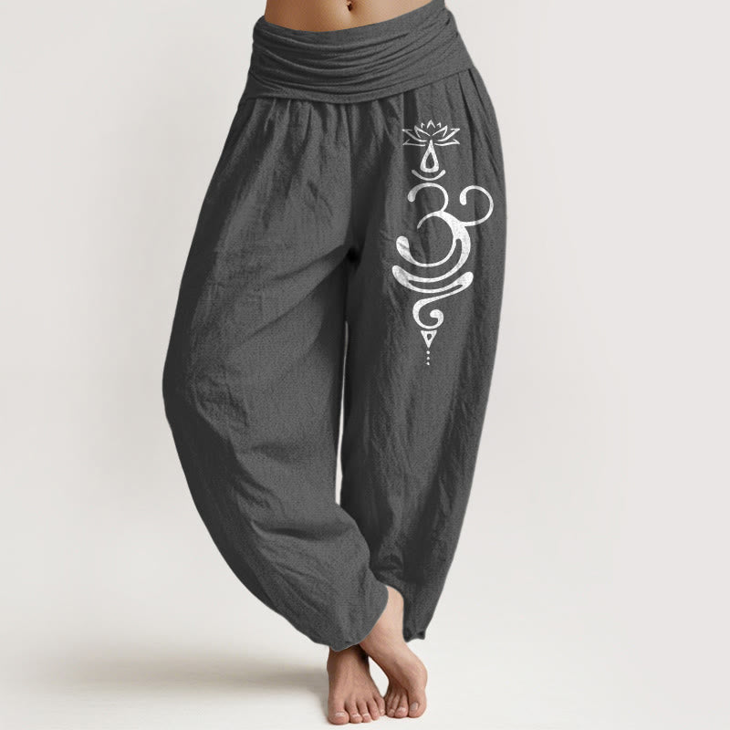 Pantaloni harem da donna in puro cotone con elastico in vita e motivo a fiori di loto Buddha Stones. - Grigio tenue - US22, UK/AU26, EU54 (6XL) - image 0