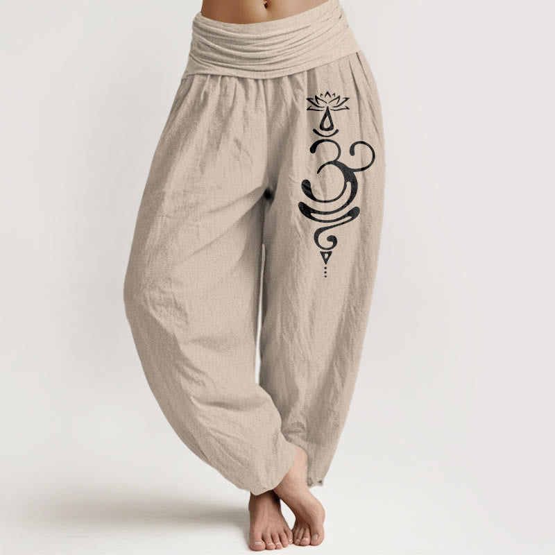 Pantaloni harem da donna in puro cotone con elastico in vita e motivo a fiori di loto Buddha Stones. - Tan - US22, UK/AU26, EU54 (6XL) - image 11
