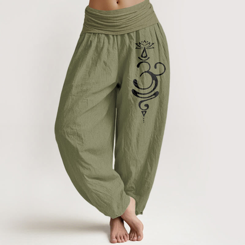 Pantaloni harem da donna in puro cotone con elastico in vita e motivo a fiori di loto Buddha Stones. - Verde oliva - US22, UK/AU26, EU54 (6XL) - image 14