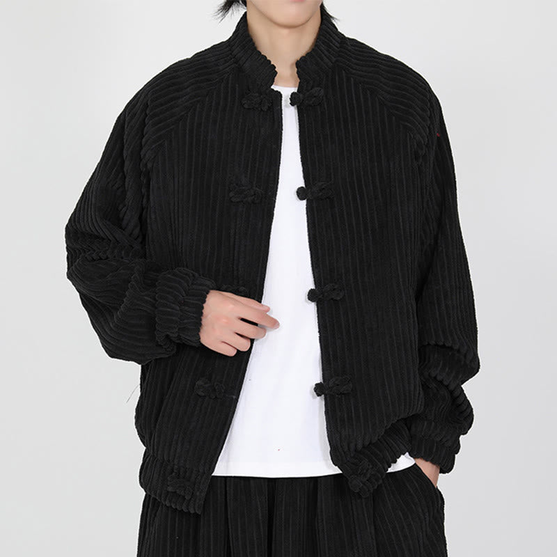 Giacca da uomo in velluto a coste di cotone con tasche e maniche lunghe, stile cinese, con bottoni a rana e motivo a rana , Buddha Stones - Nero - US/UK/AU46, EU56 (5XL) - image 0