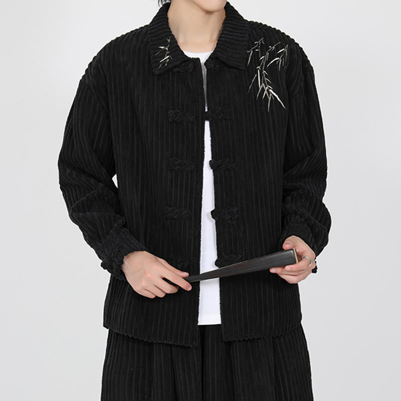 Giacca da uomo in velluto a coste di cotone a maniche lunghe con ricamo Buddha Stones, motivo di bambù, bottoni a rana - Nero - US/UK/AU46, EU56 (5XL) - image 0
