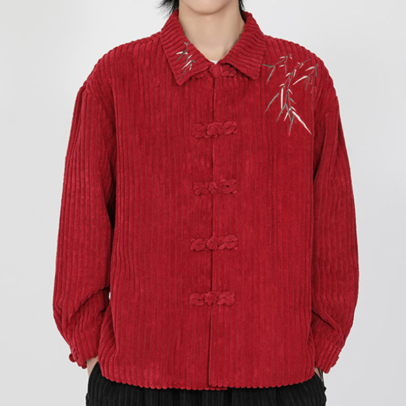 Giacca da uomo in velluto a coste di cotone a maniche lunghe con ricamo Buddha Stones, motivo di bambù, bottoni a rana - Cremisi - US/UK/AU46, EU56 (5XL) - image 9