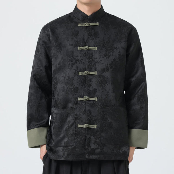 Giacca da uomo in cotone con maniche lunghe, bottoni a rana , Buddha Stones Jacquard e tasche - Nero - US/UK/AU46, EU56 (5XL) - image 0