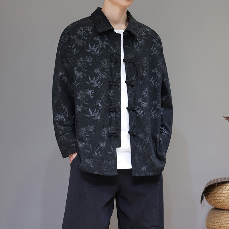 Giacca da uomo in cotone a maniche lunghe con bottoni a rana, motivo jacquard con Buddha Stones - Nero - US/UK/AU48, EU58 (5XL) - image 0
