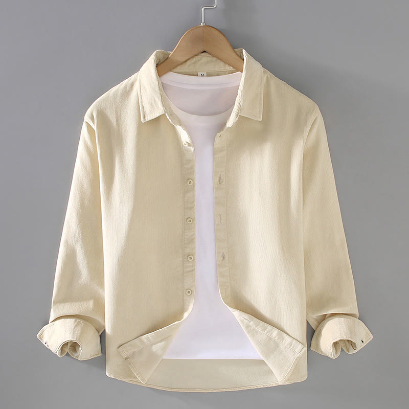 Camicia da uomo in velluto a coste di puro cotone a maniche lunghe con bottoni in tinta unita Buddha Stones - Beige - US/UK/AU44, EU54 (4XL) - image 4
