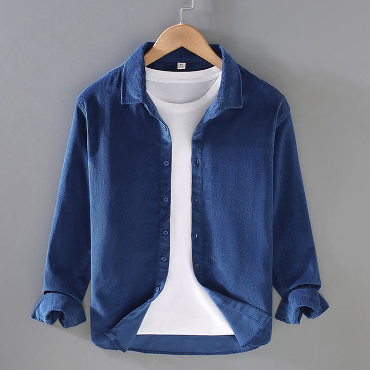 Camicia da uomo in velluto a coste di puro cotone a maniche lunghe con bottoni in tinta unita Buddha Stones - Blu medio - US/UK/AU44, EU54 (4XL) - image 1