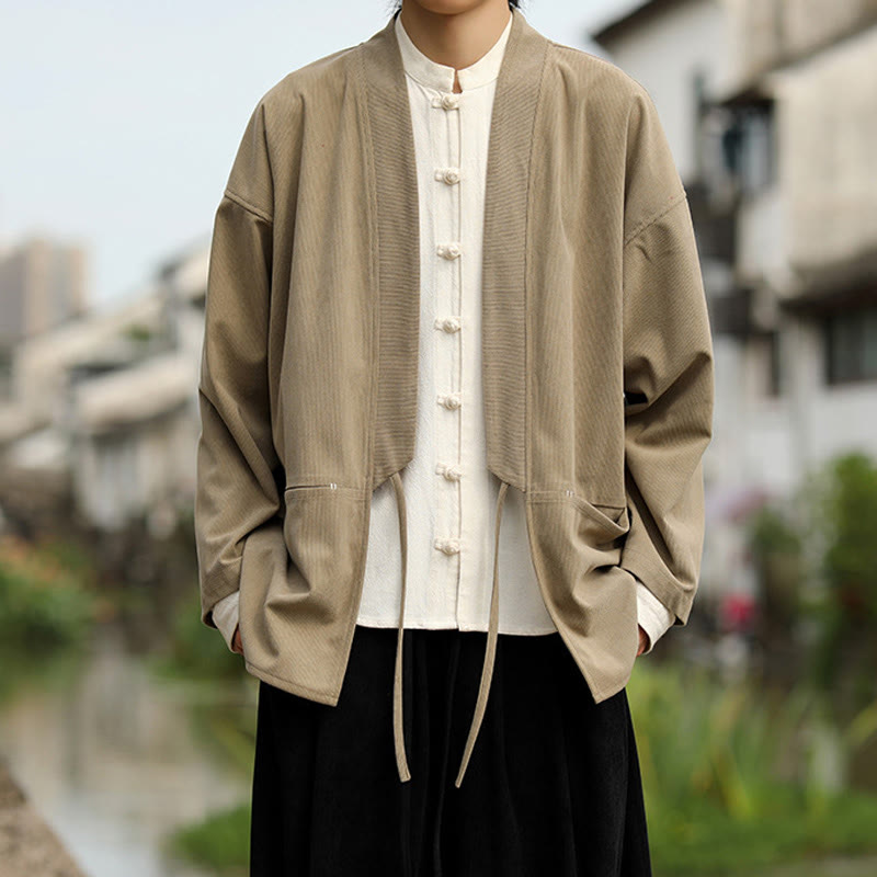 Giacca da uomo in velluto a coste di cotone con maniche lunghe, aperta sul davanti, tinta unita, motivo Buddha Stones , kimono con tasche - image 1