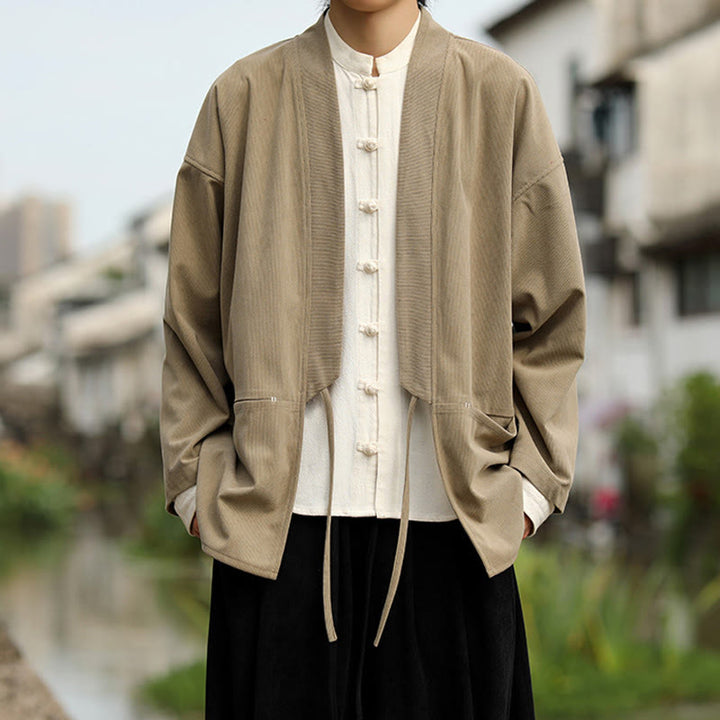 Giacca da uomo in velluto a coste di cotone con maniche lunghe, aperta sul davanti, tinta unita, motivo Buddha Stones , kimono con tasche - image 1