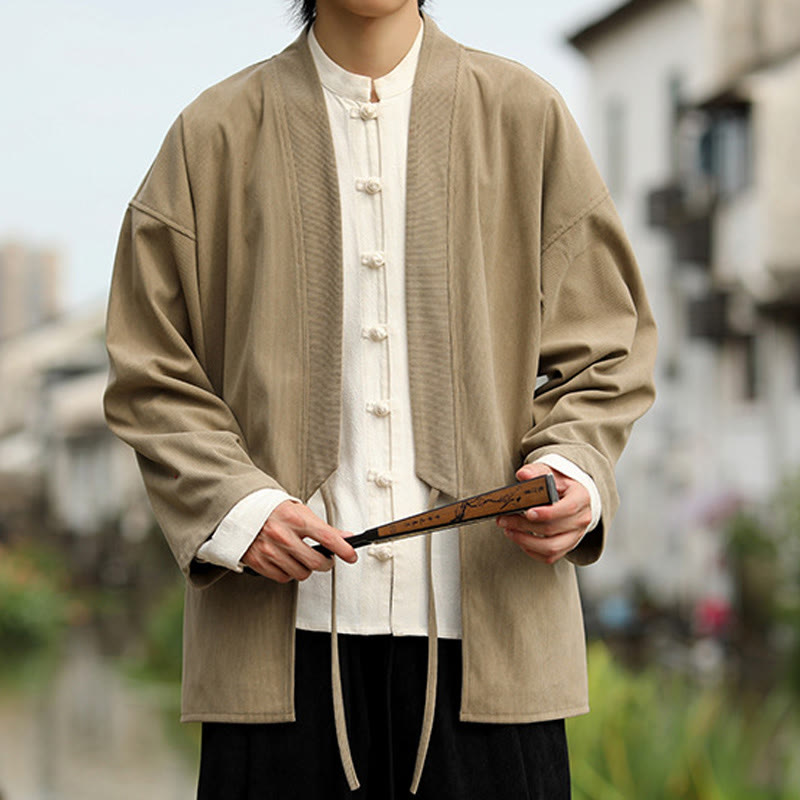 Giacca da uomo in velluto a coste di cotone con maniche lunghe, aperta sul davanti, tinta unita, motivo Buddha Stones , kimono con tasche - image 5