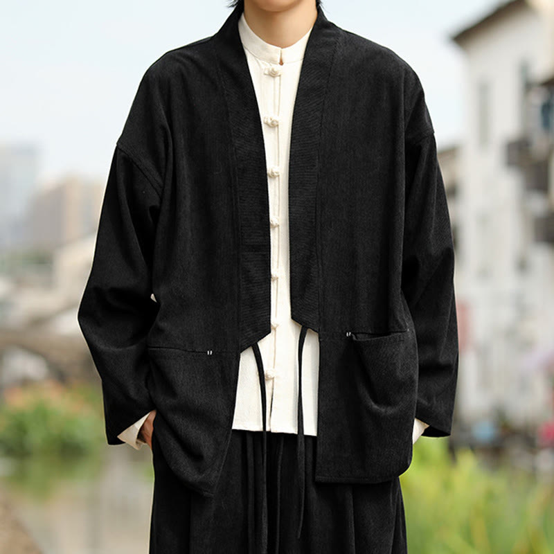 Giacca da uomo in velluto a coste di cotone con maniche lunghe, aperta sul davanti, tinta unita, motivo Buddha Stones , kimono con tasche - Nero - US/UK/AU46, EU56 (5XL) - image 13