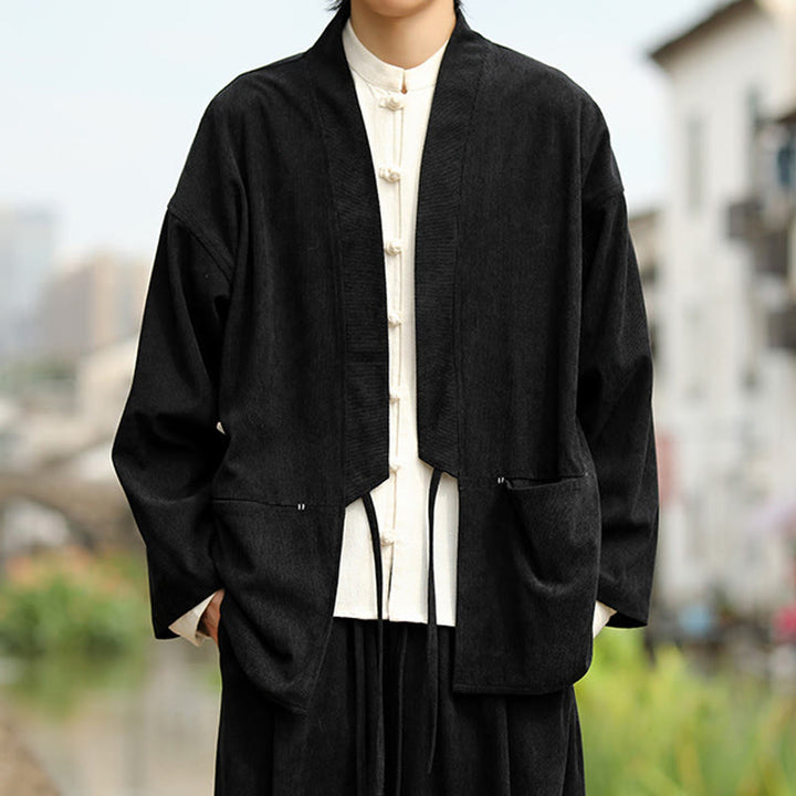 Giacca da uomo in velluto a coste di cotone con maniche lunghe, aperta sul davanti, tinta unita, motivo Buddha Stones , kimono con tasche - Nero - US/UK/AU46, EU56 (5XL) - image 13
