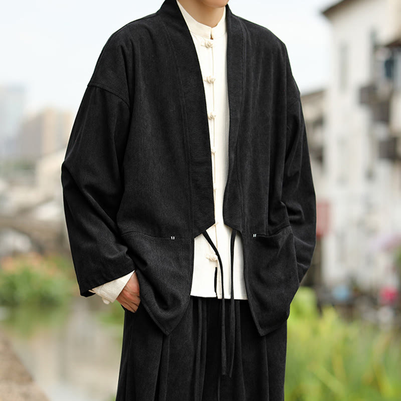 Giacca da uomo in velluto a coste di cotone con maniche lunghe, aperta sul davanti, tinta unita, motivo Buddha Stones , kimono con tasche - image 18