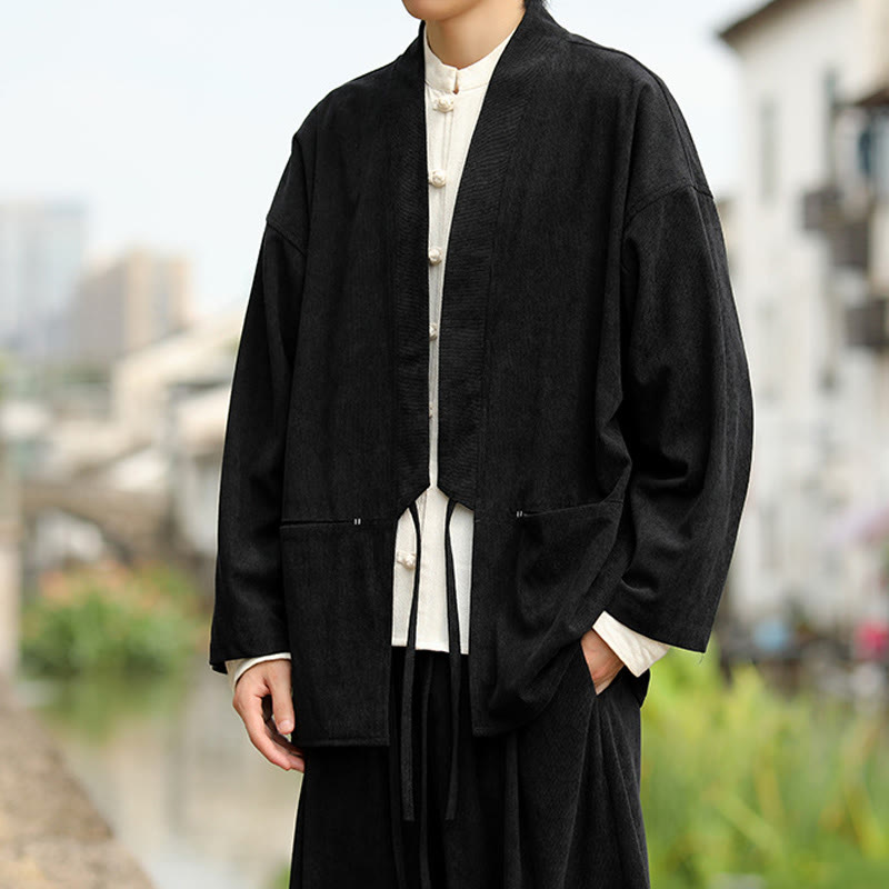 Giacca da uomo in velluto a coste di cotone con maniche lunghe, aperta sul davanti, tinta unita, motivo Buddha Stones , kimono con tasche - image 16