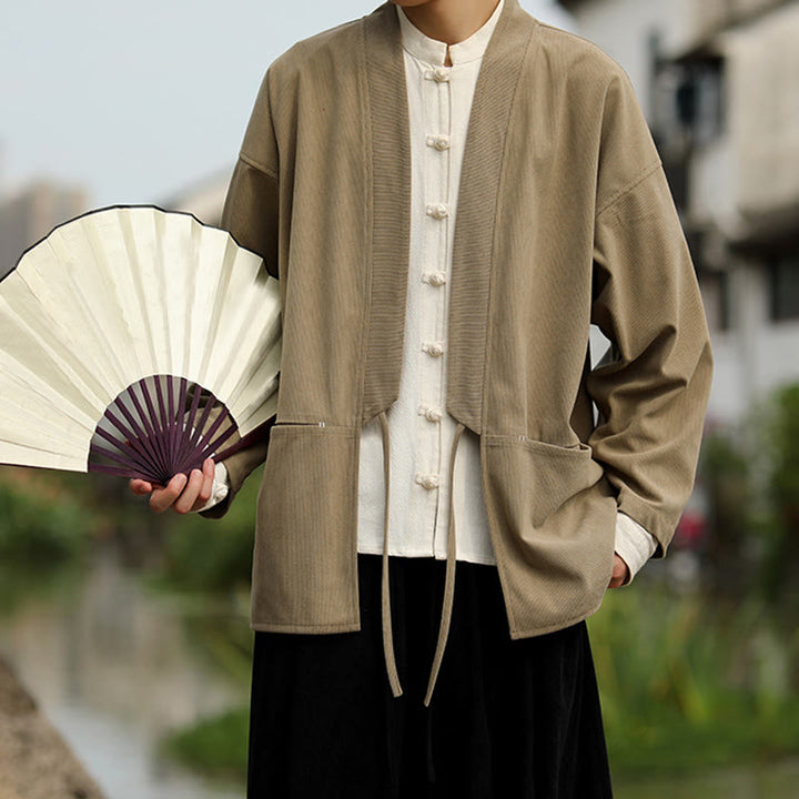 Giacca da uomo in velluto a coste di cotone con maniche lunghe, aperta sul davanti, tinta unita, motivo Buddha Stones , kimono con tasche - Tan - US/UK/AU46, EU56 (5XL) - image 0