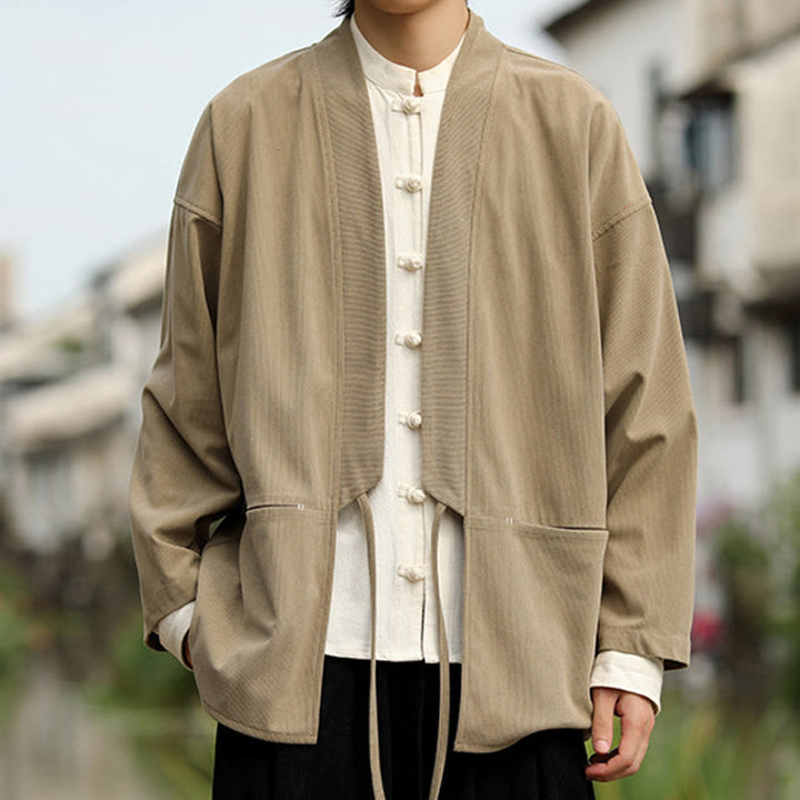 Giacca da uomo in velluto a coste di cotone con maniche lunghe, aperta sul davanti, tinta unita, motivo Buddha Stones , kimono con tasche - image 3