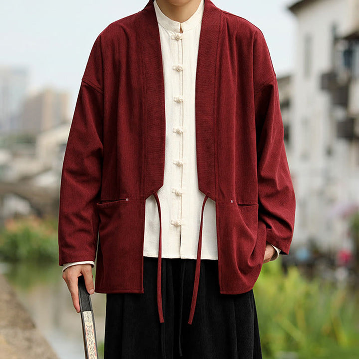 Giacca da uomo in velluto a coste di cotone con maniche lunghe, aperta sul davanti, tinta unita, motivo Buddha Stones , kimono con tasche - image 11