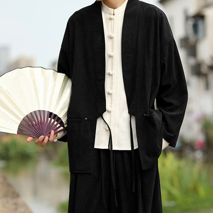 Giacca da uomo in velluto a coste di cotone con maniche lunghe, aperta sul davanti, tinta unita, motivo Buddha Stones , kimono con tasche - image 15