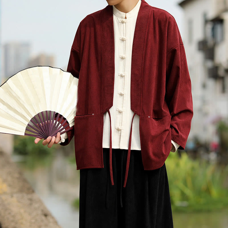 Giacca da uomo in velluto a coste di cotone con maniche lunghe, aperta sul davanti, tinta unita, motivo Buddha Stones , kimono con tasche - image 8