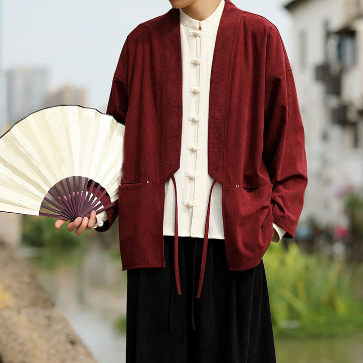 Giacca da uomo in velluto a coste di cotone con maniche lunghe, aperta sul davanti, tinta unita, motivo Buddha Stones , kimono con tasche - image 8