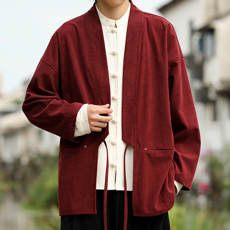 Giacca da uomo in velluto a coste di cotone con maniche lunghe, aperta sul davanti, tinta unita, motivo Buddha Stones , kimono con tasche - image 10