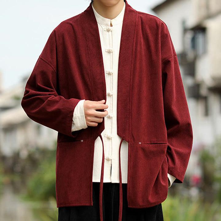 Giacca da uomo in velluto a coste di cotone con maniche lunghe, aperta sul davanti, tinta unita, motivo Buddha Stones , kimono con tasche - image 10