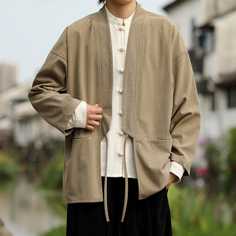 Giacca da uomo in velluto a coste di cotone con maniche lunghe, aperta sul davanti, tinta unita, motivo Buddha Stones , kimono con tasche - image 4