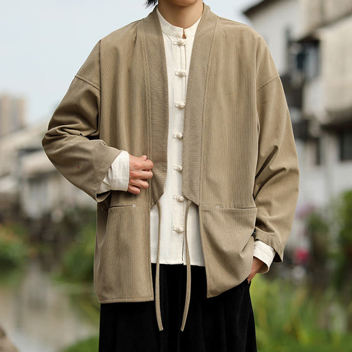 Giacca da uomo in velluto a coste di cotone con maniche lunghe, aperta sul davanti, tinta unita, motivo Buddha Stones , kimono con tasche - image 4