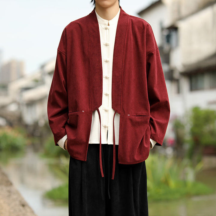 Giacca da uomo in velluto a coste di cotone con maniche lunghe, aperta sul davanti, tinta unita, motivo Buddha Stones , kimono con tasche - FireBrick - US/UK/AU46, EU56 (5XL) - image 7