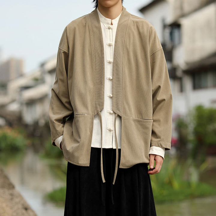 Giacca da uomo in velluto a coste di cotone con maniche lunghe, aperta sul davanti, tinta unita, motivo Buddha Stones , kimono con tasche - image 2