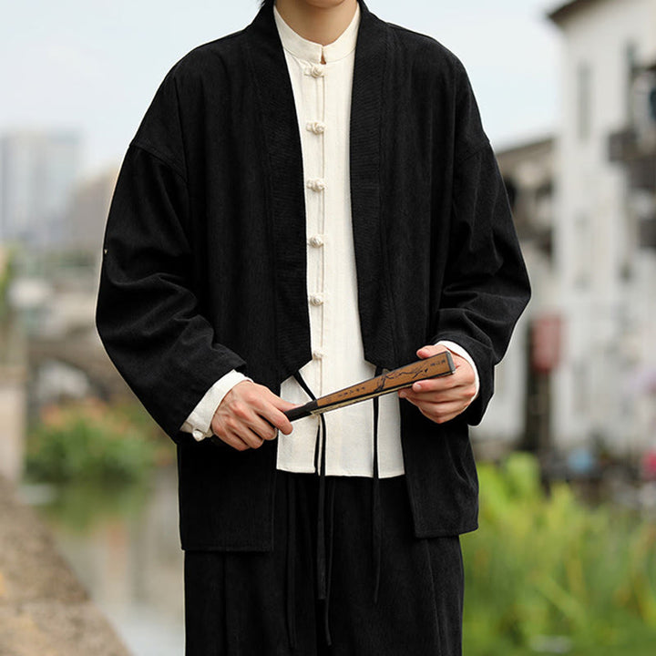 Giacca da uomo in velluto a coste di cotone con maniche lunghe, aperta sul davanti, tinta unita, motivo Buddha Stones , kimono con tasche - image 14