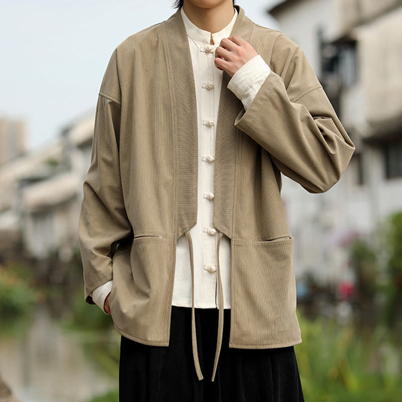 Giacca da uomo in velluto a coste di cotone con maniche lunghe, aperta sul davanti, tinta unita, motivo Buddha Stones , kimono con tasche - image 6