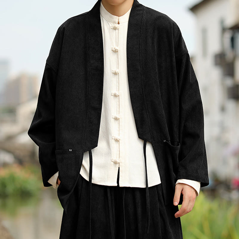 Giacca da uomo in velluto a coste di cotone con maniche lunghe, aperta sul davanti, tinta unita, motivo Buddha Stones , kimono con tasche - image 17