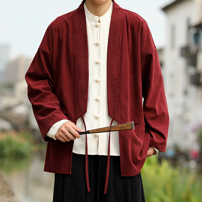Giacca da uomo in velluto a coste di cotone con maniche lunghe, aperta sul davanti, tinta unita, motivo Buddha Stones , kimono con tasche - image 12